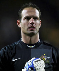 SMFC Team of the Century Goalkeeper Michael Petkovic stands for the Australian National Anthem during one of his Socceroos appearances