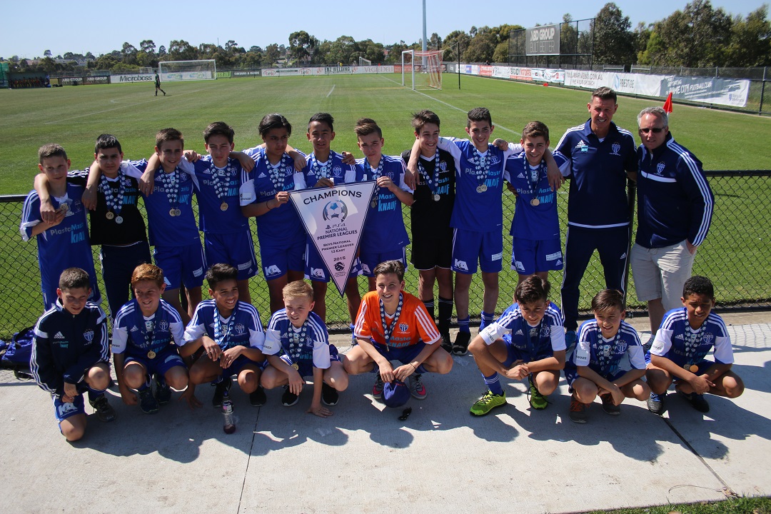 South Melbourne with their medals and club pennant for 2015 NPL East Under 13 Champions