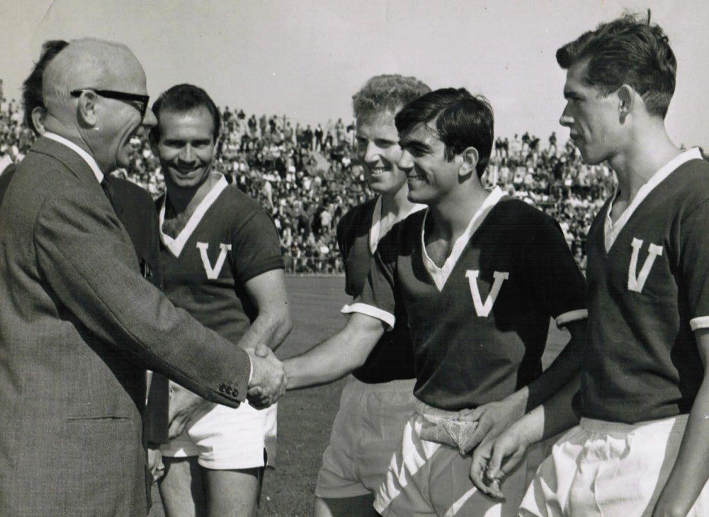 14 March 1965: Takis Mantarakis, David Goldie and Atilla Abonyi watch Michael Mandalis shake hands with Lord Mayor Leo Curtis before the Victoria v Torpedo Moscow match at Olympic Park. Moscow won 4-1.