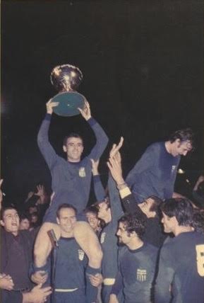 7 March 1969: Takis Mantarakis holds Andreas Roussis up as South Melbourne Hellas celebrate winning the 1969 Summer Cup.
