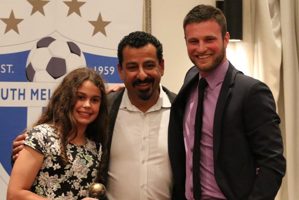 Grace Taranto with Director of Football Andrew Mesourouni and youth Coach Sasa Kolman at the 2015 South Melbourne FC Presentation Night